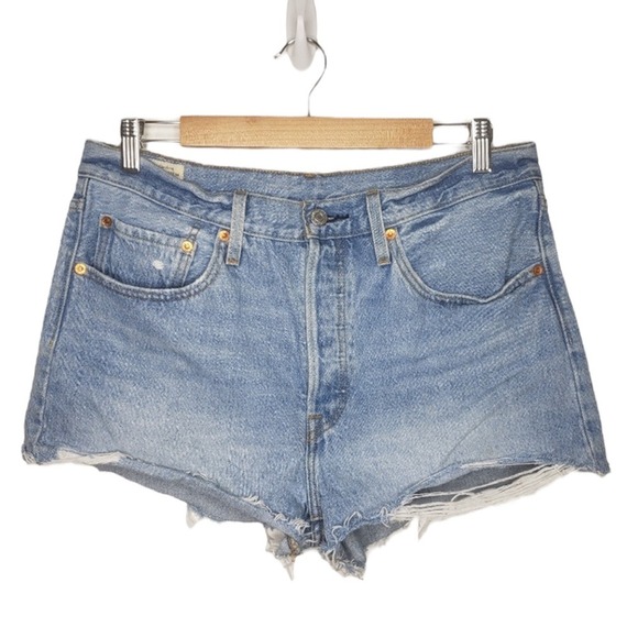 Levis‎ 501 Blue Wash Pastel Rainbow Button Fly High Rise Mini Shorts Womens 31 - Picture 1 of 11
